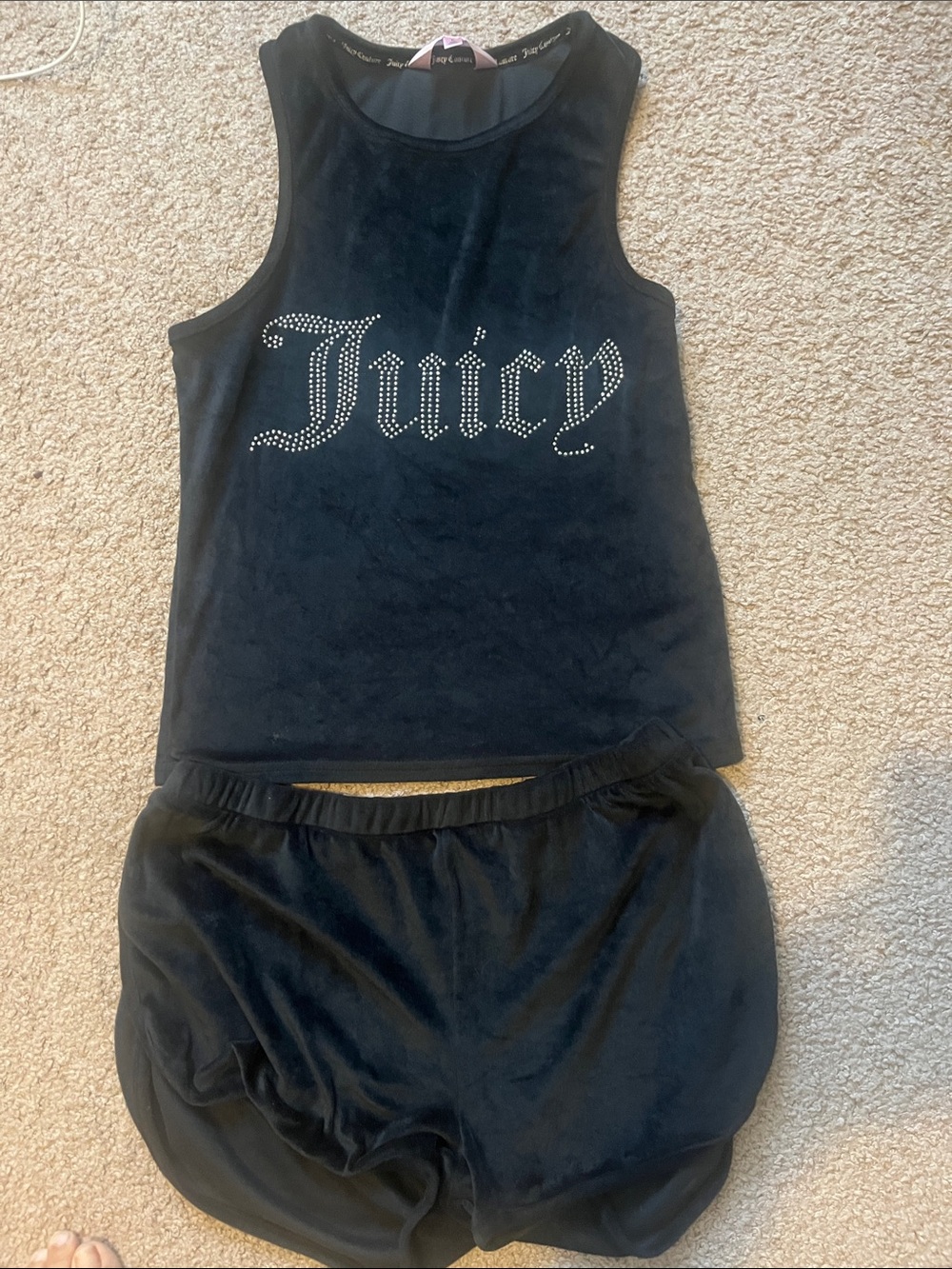 Juicy Couture Black Velour Tank & Shorts Set with Rhinestone Logo SZ L